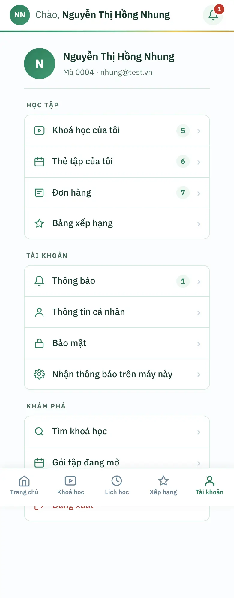 Màn Tài khoản trên điện thoại: thẻ hồ sơ, ba nhóm HỌC TẬP, TÀI KHOẢN, KHÁM PHÁ