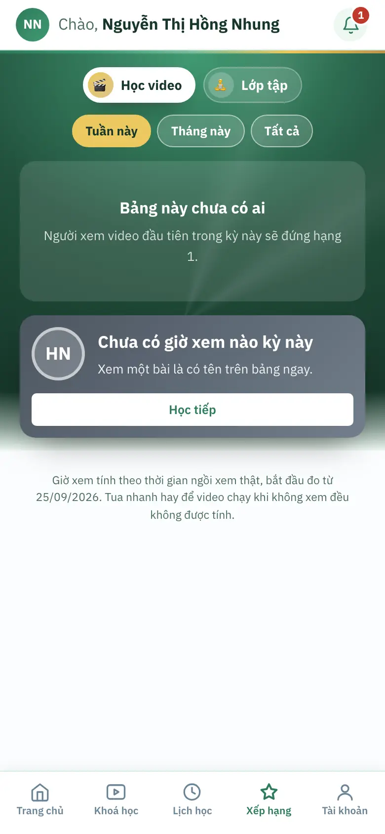 Điện thoại, Học video · Tuần này chưa có giờ xem: "Bảng này chưa có ai" và ô "Chưa có giờ xem nào kỳ này" với nút Học tiếp